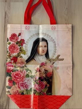 Saint Therese of Lisieux Floral Reusable Tote Bag in Pink and Red